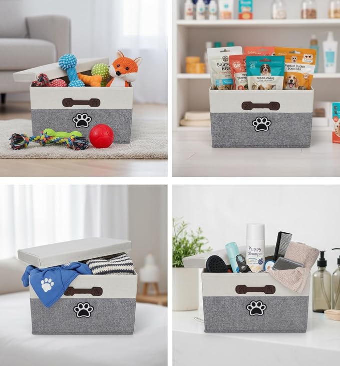 Dog Toy Basket with Lid, Fabric Dog Toy Box with Handle, Collapsible Dogs Cat Toys Storage Bins,Pet Storage and Orgnizer-White/Gray