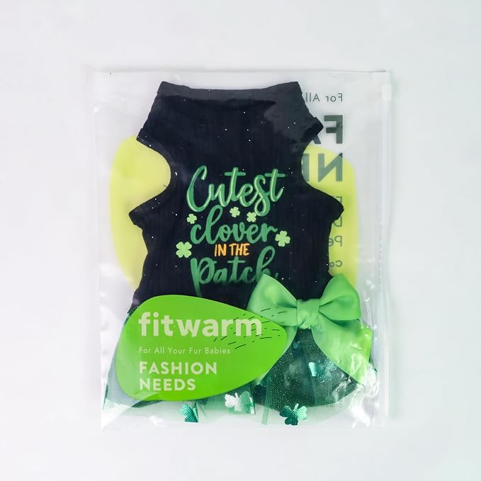 Fitwarm Cutest Clover in the Patch Dog Dress, St Patricks Day Dog Clothes for Small Dogs Girl, Funny Pet Cat Puppy Holiday Outfit, Black, Emerald Green, XS