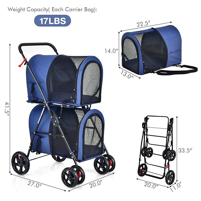 Giantex Double Pet Stroller with 2 Detachable Carrier Bags, Safety Belt, 4 Lockable Wheels, Folding Cat & Dog Stroller for Small Medium Pets, Cats Dogs Puppy Travel Strolling Cart (Navy)