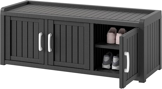 NUNU LAB Shoe Storage Cabinet, Waterproof Shoe Organizer with Adjustable Shelves, UV-Resistant Entryway Shoe Cabinet Bench with 3 Barn Doors for Indoor Outdoor, Foyer, Hallway, Living Room,Black