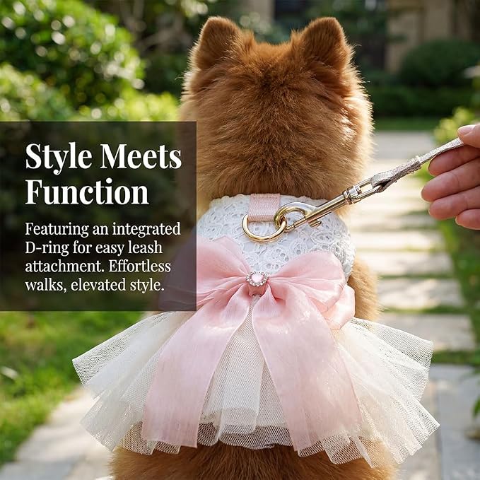 Dog and Cat Girl Bow Dress, White Dog D-Ring Wedding Dress with Pink Bow, Cat Birthday Set, Chihuahua York Pomeranian Cat Pet Party Dress (Pink Bow-Princess, Small)
