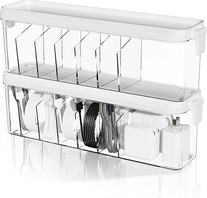 Desktop Charger Cord Storage Organizer Box Cable Organizer Box With Lid | 2 Pack Stackable Clear Storage Boxes, Easy Management Without Cable Ties, Visible for Drawer Organizing, Cosmetics & Cables