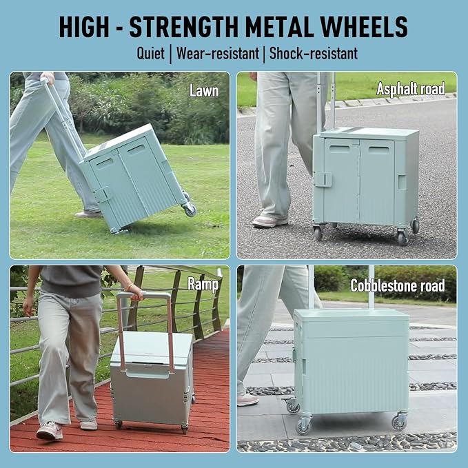 Folding Utility Cart Portable Rolling Crate Handcart Shopping Trolley Collapsible Tool Box, with Lid, on Rotate Wheels, for Grocery, Shopping, Office, Teacher, Camp,File (Green)