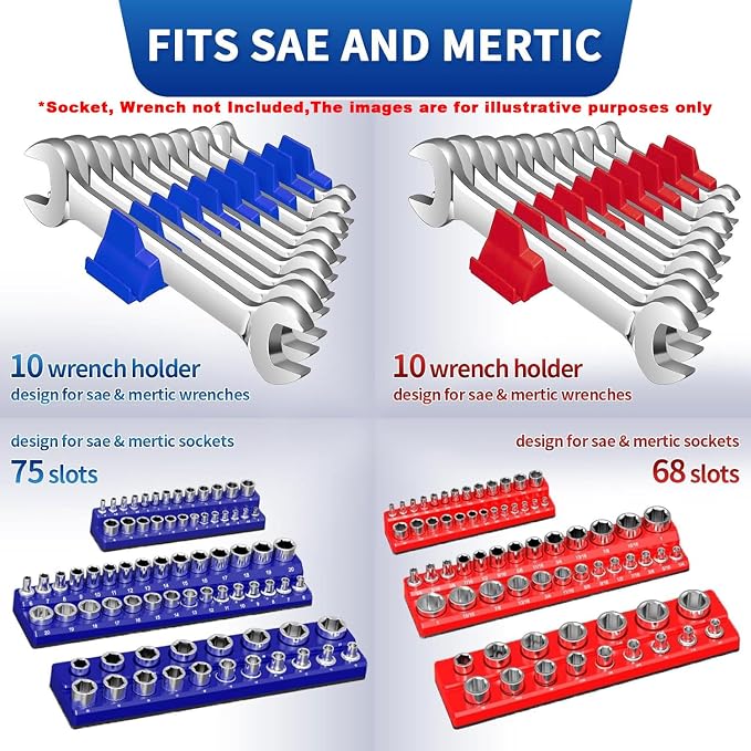 8-Piece Magnetic Socket and Wrench Organizer Set for Tool Box | 6 magnetic socket trays + 2 wrench racks for toolbox drawers; fits 1/4, 3/8 and 1/2 in metric/SAE; tools not included
