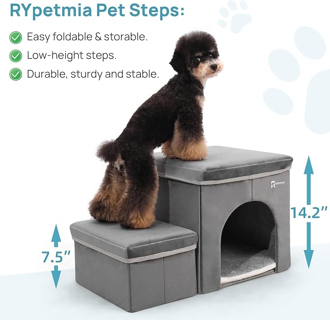 Foldable Pet Stairs with Cozy House & Storage | 2-Step Dog Stairs for High Beds and Couch, Non-Slip Dog Steps for Small & Medium Dogs, Cats, Puppies, Grey