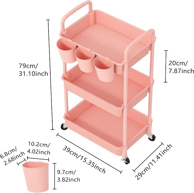 MOYIPIN 3-Tier Plastic Rolling Utility Cart with Handle,Pink | Utility Storage Cart for Office, Living Room, Kitchen,Movable Storage Organizer，Easy installation，Rattan-like art design