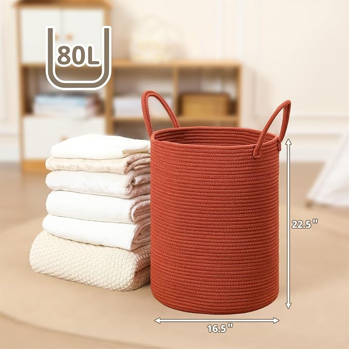 80L Large Woven Laundry Basket Hamper, 100% Natural Cotton Rope, Handwoven & Durable, Storage for Blankets, Toys, Clothes, Decorative Nursery Hamper for Living Room, Baby Room, Bedroom (Terracotta)