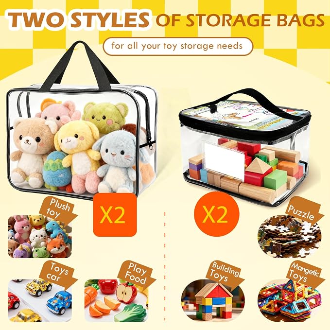 4-Pack Clear PVC Toy Organizers and Storage Bags with Zipper,Waterproof Organizer for Building Blocks, Puzzles,Board Games & Magnetic Toys,All-in-One Toy Organizers and Storage Solution