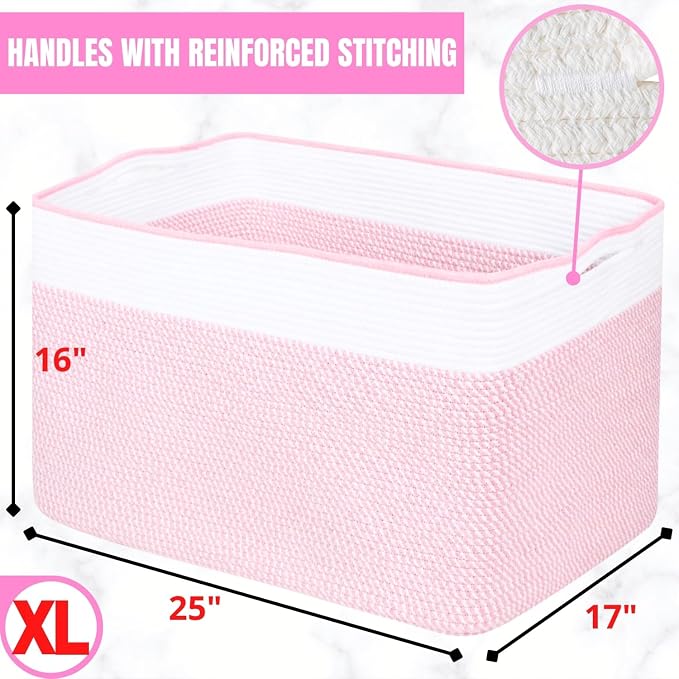 112L Extra Large Blanket Basket Holder Living Room, 25"x17"x16" Rectangle Rope Woven Storage Basket with Handles for Laundry, Towels, Shoes, Dog Toy Organizer Bin Box, Light Pink