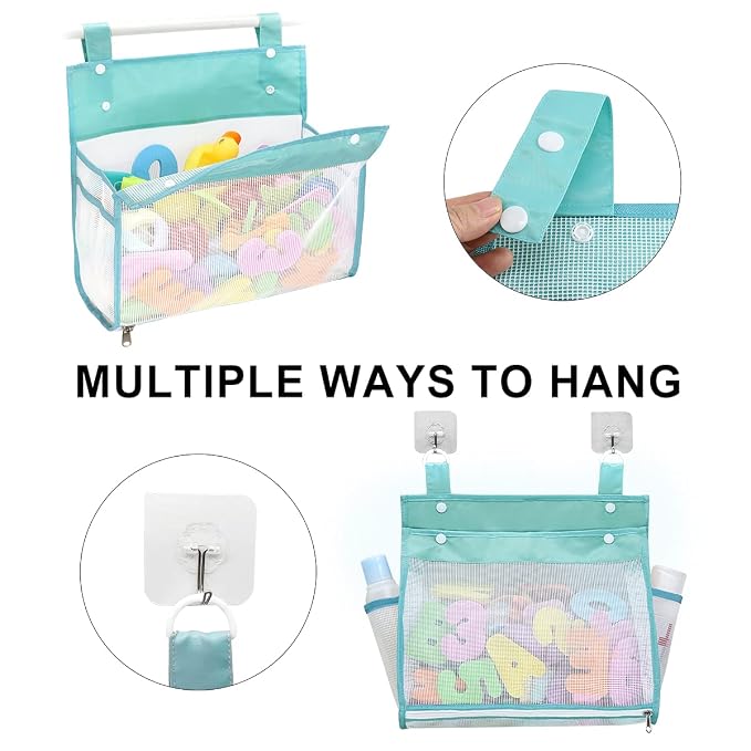 Muchfun Bath Toy Organizer Multiple Ways to Hang | Extra Large Opening Bathroom Toy Holder, Bottom Zipper Bathtub Toy Storage Bag (Blue)