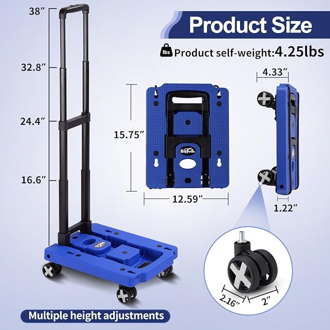 GtIiFmTe Foldable Hand Truck, Lightweight Luggage Cart for Airport Car Seat | Compact Folding dolly with Rotating swivel wheel,storage size12×15.7×4.1",300lbs Load,Upright Lock Handle with 3bungee cords