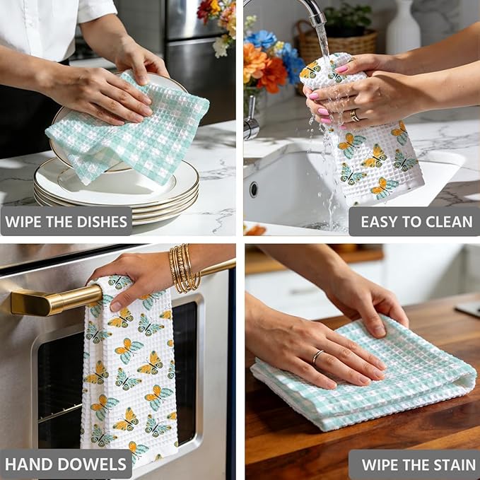 Butterfly and Green Checkered Kitchen Towels, Quick Dry Multipurpose Waffle Weave Hand Towels for Bathroom, Absorbent Reusable Cloth Tea Dish Towels for Home Decor, Butterfly Lover Gift Towel Set of 2