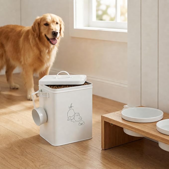 SOUJOY Pet Treat and Food Storage Bin with Lid and Scoop, 5LBS White Vintage Farmhouse Storage Tin, Coated Carbon Steel Canister, Gift for Dogs Owners
