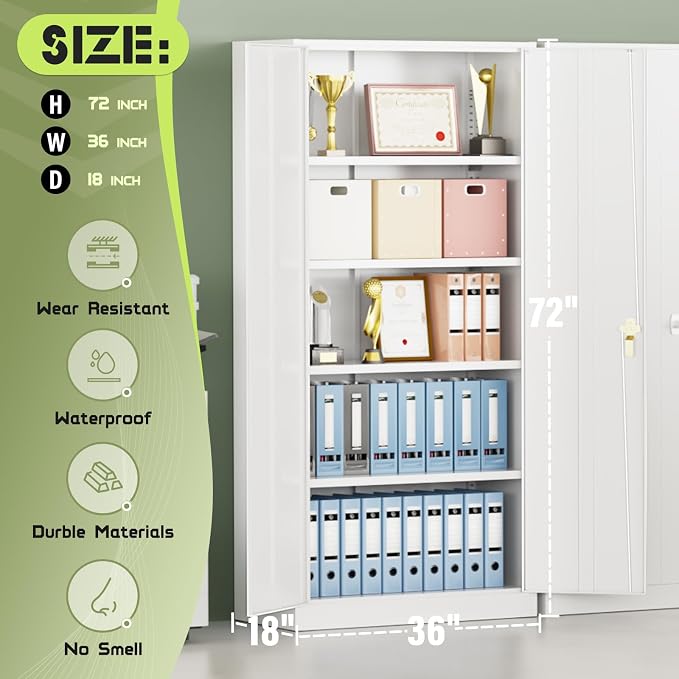 Crownland 72" Lockable Metal Storage Cabinet, Garage Storage Cabinets, High Office Cabinet with Adjustable Shelves for Garage, Home Office,Pantry, File(White)