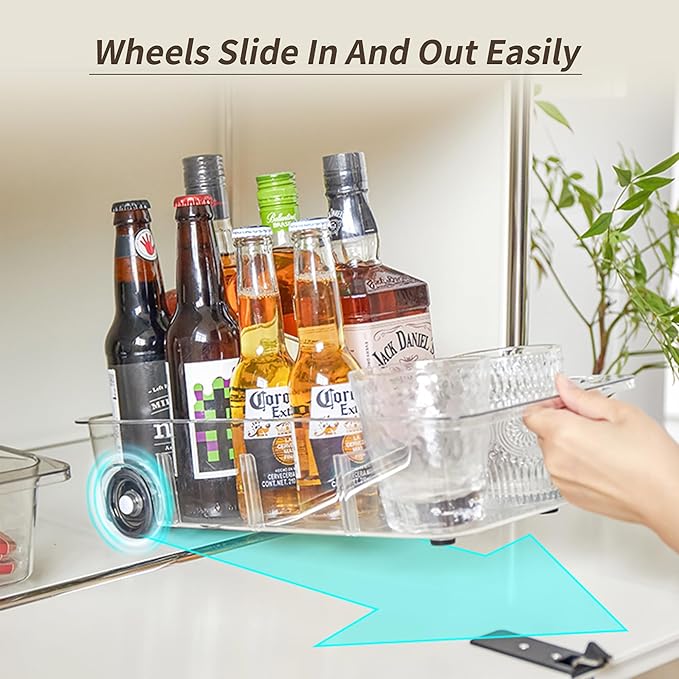 Roll-Out Refrigerator Organizers and Storage, 3 Pack Drawer Fridge Bins | Rolling Fridge Caddy, Silicone Wheels, Adjustable Dividers, Plastic Refrigerator Tray, for Fridge, Pantry, Bathroom & Kitchen