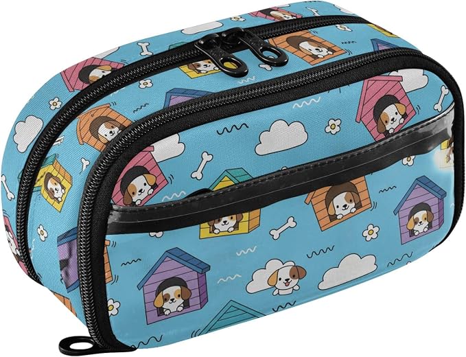Cute Pets Puppy Blue print Large Capacity Pencil Case with Zipper Water Resistant Portable Organizer Pen Bag for Students Office School