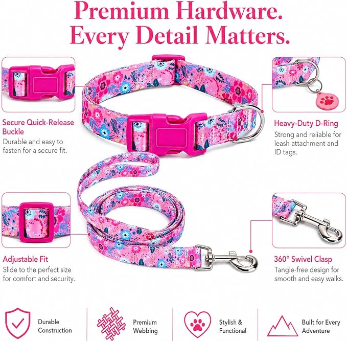 Floral Matching Dog Collar and Leash Set with AirTag Holder-Rose Daisy/XS | Anti-Lost,Adjustable Durable Pet Collar Leash Combo for Puppy X-Small Boy Girl Dogs,Outdoor Walking Hiking Training Running