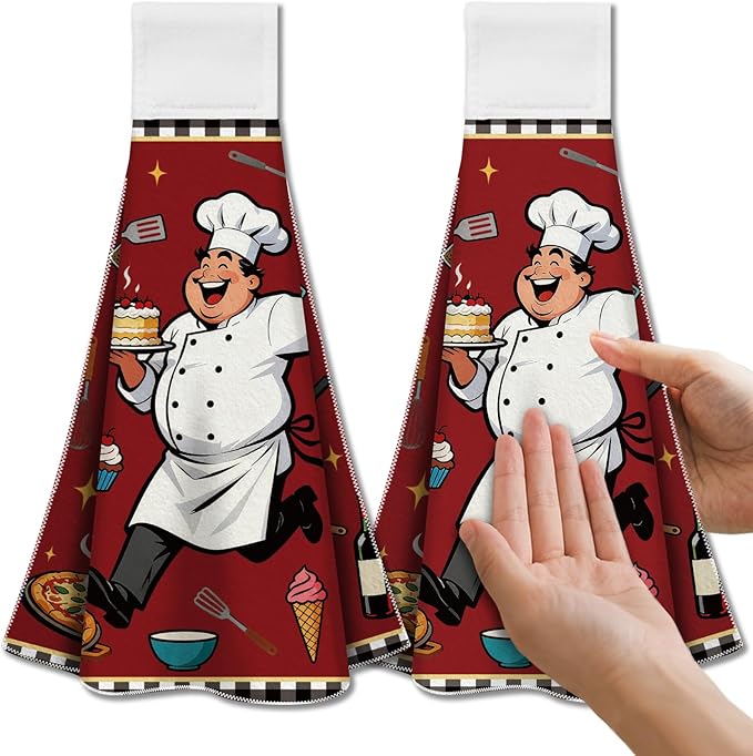 CUTHOLLOW Cartoon Chefs Hanging Kitchen Towels with Loop, Set of 2 - Soft & Super Absorbent Microfiber Decorative Hanging Dish & Hand Towel, Tea, Coffee Towel for Kitchen Bathroom Oven Handle