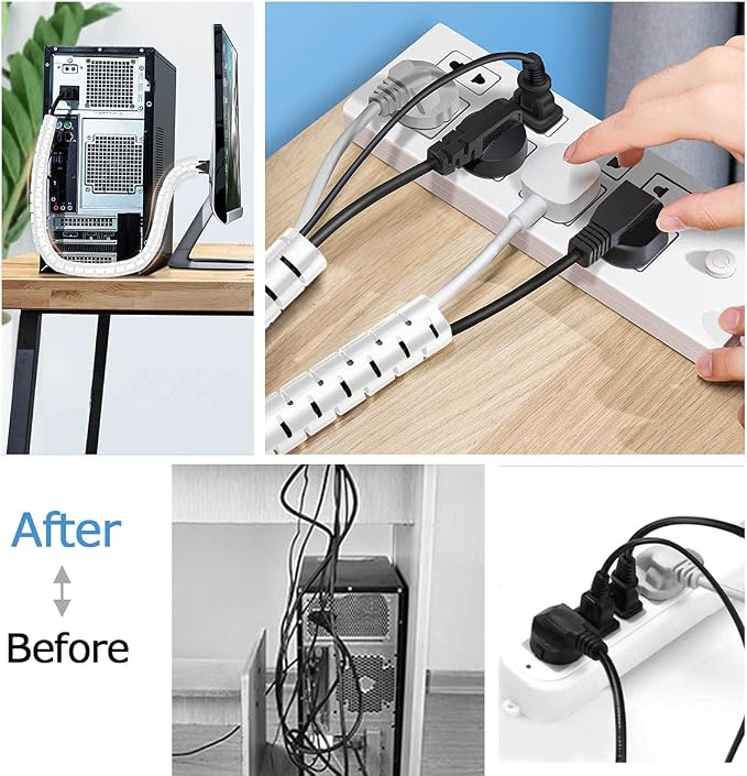 Large Cable Management White Computer Wire Sleeve Organizer Coiled Under Desk Tubes 2 PCS, 1.1 inch -5 ft EZ Spiral Cable Bundler Cover for TV Office, Pet Chew and Bite Proof Cable Protector