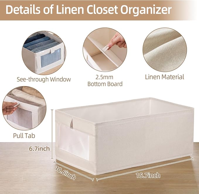 Linen Closet Organizers And Storage, 6 Pack Closet Storage Bins Linen Closet Baskets for Closet Organization Foldable Closet Organizer Bins with Clear Window For Organizing Clothing, Jeans, Shelves