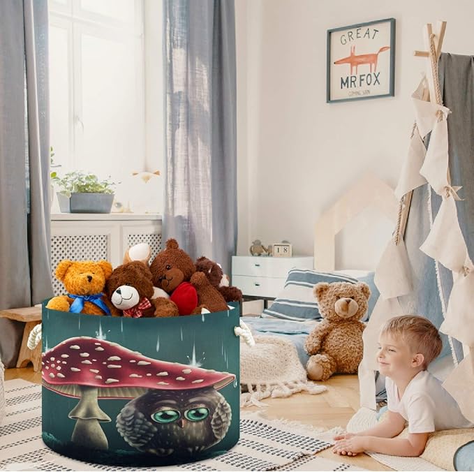 visesunny Storage Basket Little Owl Sitting Under Mushroom Animal Nursery Hamper Canvas Fabric Toy Storage Organizer Bin Storage Box Laundry Basket for Kid Rooms,Playroom,Shelves,Toy Basket
