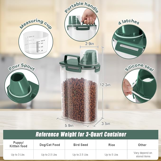 TBMax Small Dog Cat Food Storage Containers 2 Pack, Travel-Friendly Pet Food Container with Spout & Measuring Cup, Portable Pet Feeding Dispenser, Bird Seed Container-Dark Green