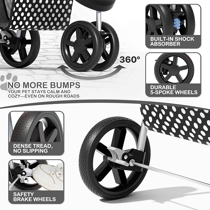 MoNiBloom Pet Stroller for Small/Medium Dogs and Cats, Black Polka Dots | Foldable Dog Stroller 3 Wheels Pet Strolling Cart w/ Storage Basket Cup Holder, Breathable and Visible Mesh for All-Season