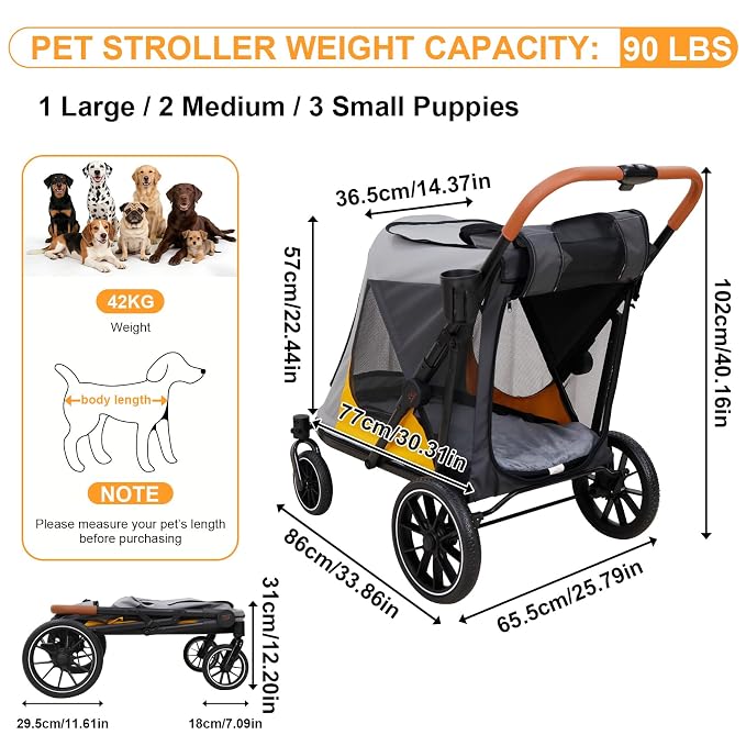 Dog Stroller for Large-Dogs: Easy Fold Dual Entry Onefoot Brake | All Terrain Dog Wagon Cart with Air Mesh, Ideal for Breeds up to 92 lbs