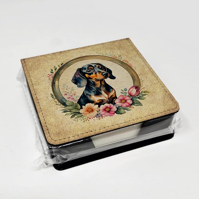 Caroline's Treasures Dachshund and Flowers PU Leather Note Paper Holder with Artist-Designed Cover, Desk Accessory, Office Gift
