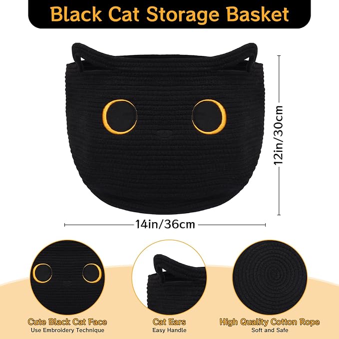 Cute Black Cat Round Basket - Cotton Rope Baskets Large Baby Laundry | Blasket for Nursery, Woven Blanket Basket Hamper With Handle Toy Storage Basket for Gifts, Baby Shower 14 ×12 inchs 30.5L