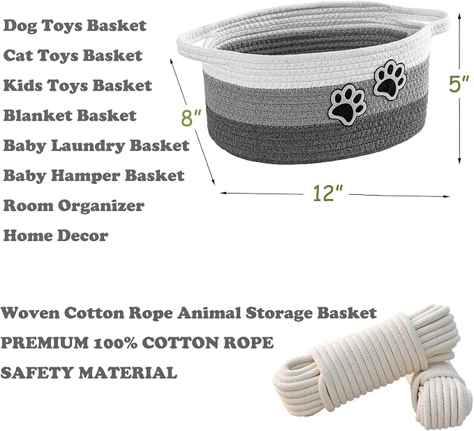 Small Woven Cotton Rope Nursery Organizer Bins, Dog Toy Basket Bins with Handle, Cute Empty Pet Gift Storage Baskets with Paw