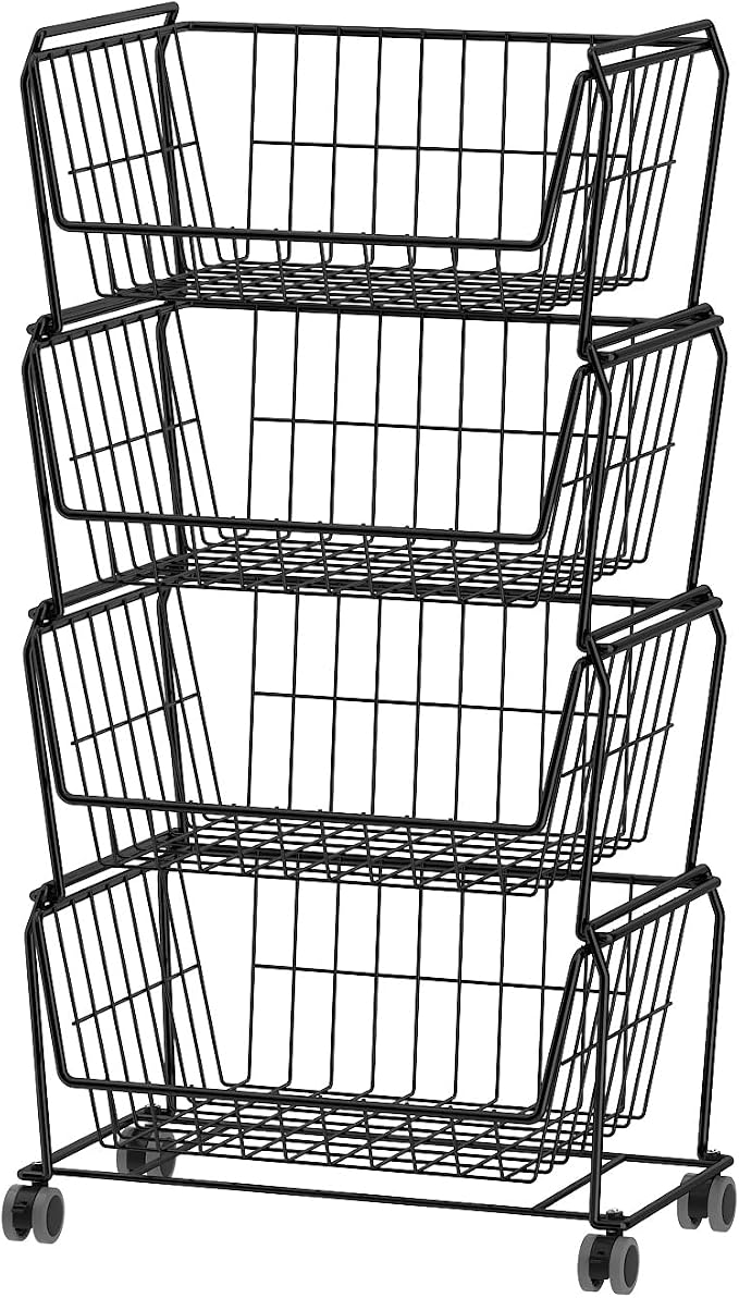 PUSDON 4-Tier Spacious Stackable Wire Storage Baskets with Wheels, Metal Rolling Utility Cart, Produce Basket for Pantry, Bathroom Organizer Shelf, Matte Black