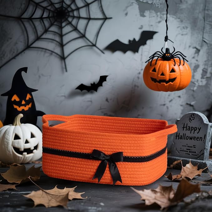 CHICVITA Small Storage Basket for Gifts, 13"x 10"x 5" Cute Woven Rope Gift Basket for Halloween, Baby Nursery Storage Baskets with Handles for Towels, Toys, Orange