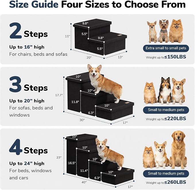 3-Step Wide Dog Stairs 18" H with Removable Cover, Non-Slip Storage Pet Steps for High Bed Couch, Pet Stairs for Small/Medium/Large Old Dogs Puppy Up to 200lbs, Cat Dog Steps for Car, Black
