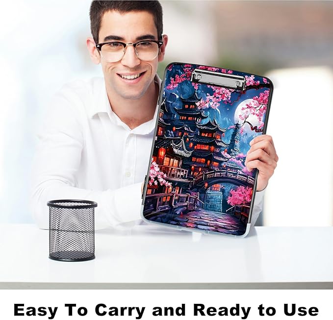 Cherry Blossom House A4 Clipboard with Storage Pen Holder, Clipboards Organizer Nursing Clipboard Foldable File Folder Plastic Clipboard Folio Clip Board for Office Students Classroom