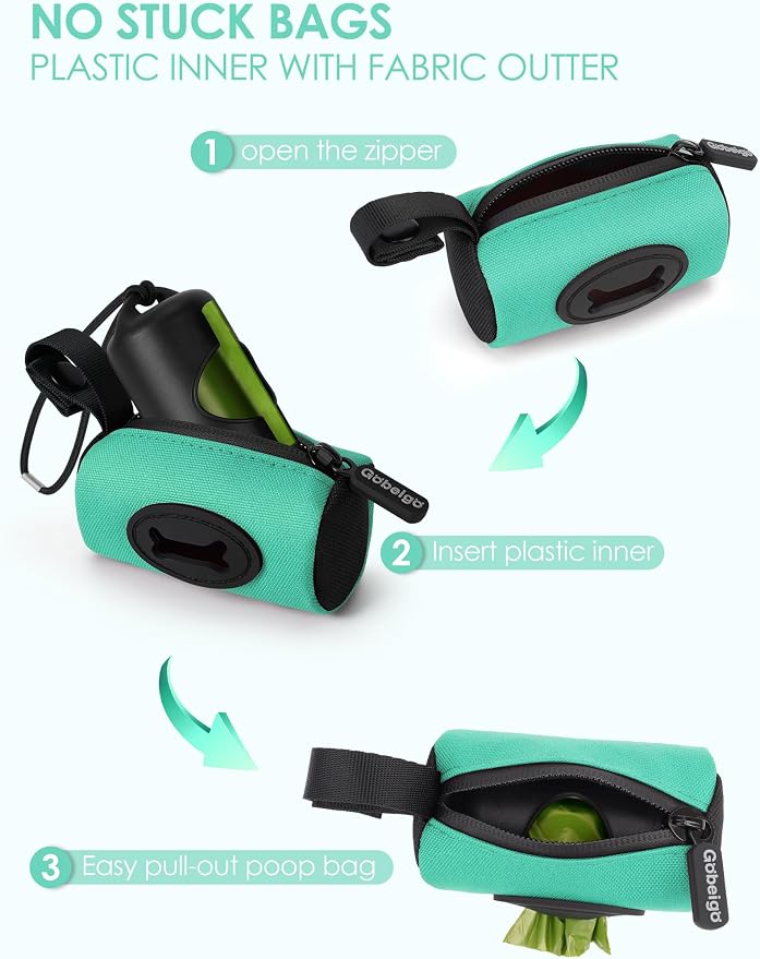 Gobeigo 2-in-1 Dog Poop Bag Holder【Easy Pull-Out Version】(Turquoise) | Hard Plastic Insert & Soft Fabric Bag Snap-On Strap Dispenser Fits Retractable and Standard Leashes with 1 Roll Bags