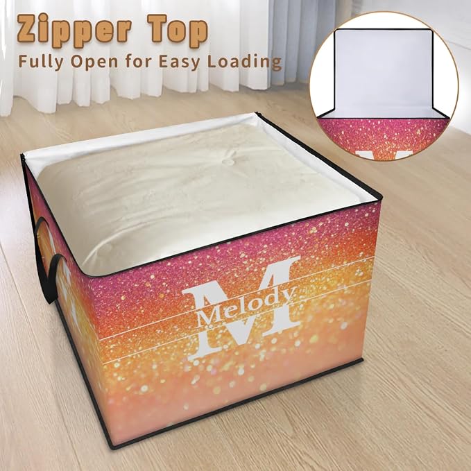 Personalized Name Foldable Storage Basket Cubes with Lid, Initial Letter Comforters Bedding Storage Bin with Handles for Shelf Home Closet, Gradient Pink Orange Glittering Bling