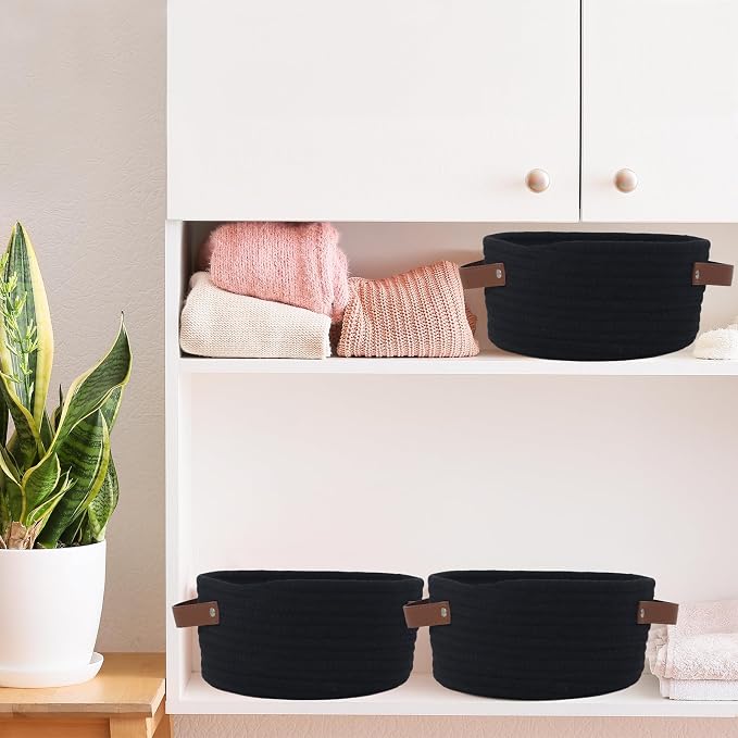 Small Woven Cotton Rope Basket with Leather Handle, Black | Mini Round Storage Basket, Empty Gift Basket, Nursery Toy Organizer, Decorative Shelf Bin, Boho Room Decor