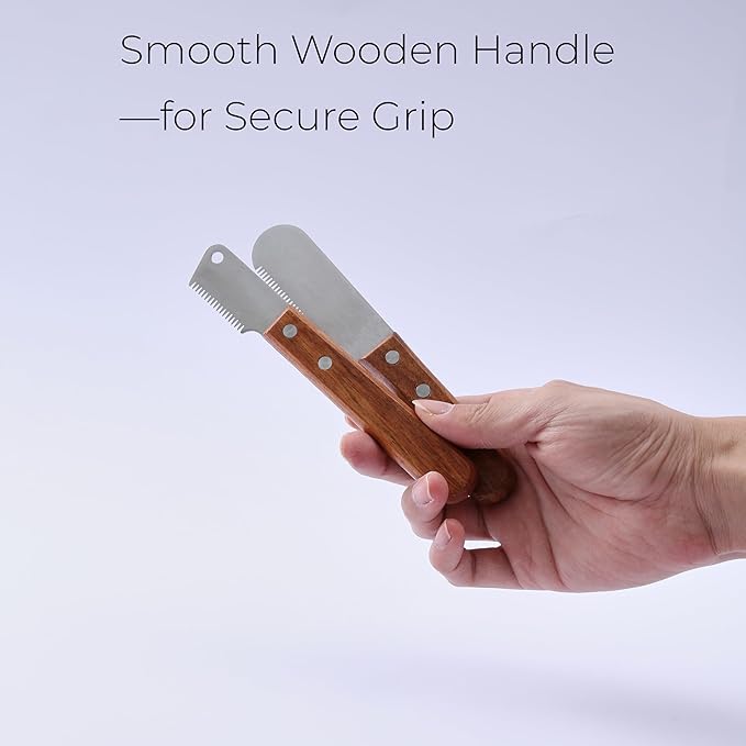 Carding Knife for Dog Grooming, Undercoat Removal Comb for Terriers and Double Coated Breeds, 2 Piece Fine and Coarse Wooden Handle Set for Professional Groomers and Home Use