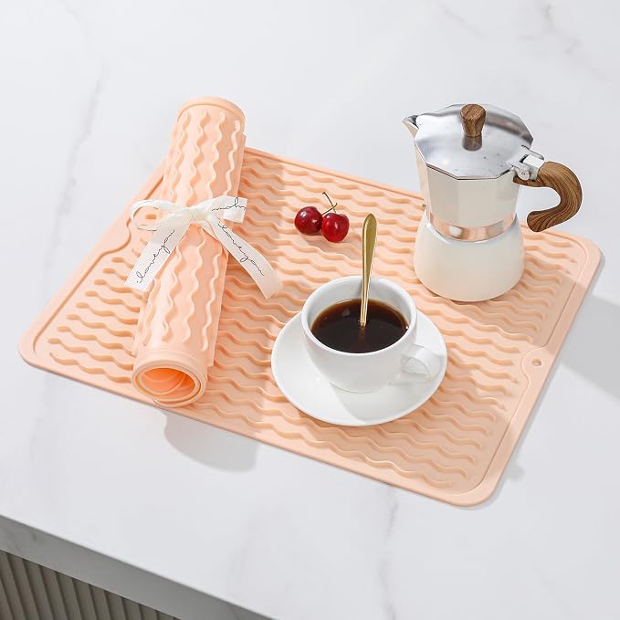 CAKETIME 2 Pack Silicone Dish Drying Mat for Kitchen Counter Waterproof Place mats Sink Protector Stove Top Organizer Appliance Storage Vanity Trays Dryer Rack Drainers Items 15"x11.5" Beige