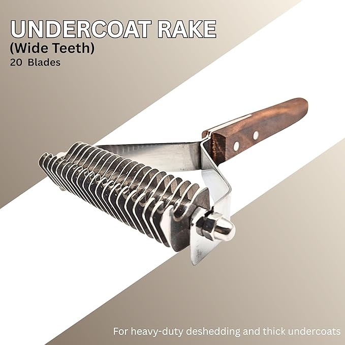 Undercoat Dematting Rake for Dogs & Cats – Grooming Tool with Stainless Steel Teeth & Wood Handle – Undercoat Remover for Thick & Matted Pet Fur (20 Blades)