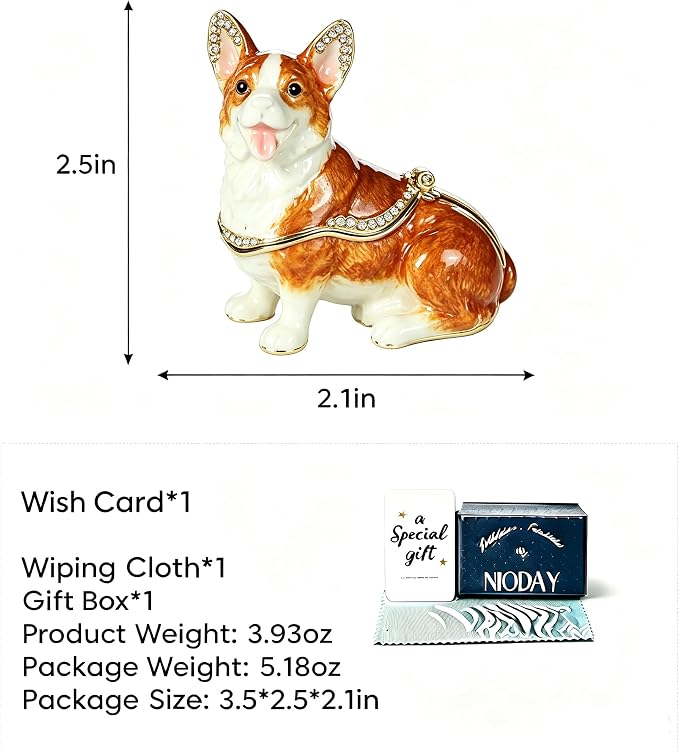 Hand Painted Rhinestone Welsh Corgi Enamel Trinket Box, Hinged Metal Vintage Jewelry Organizer