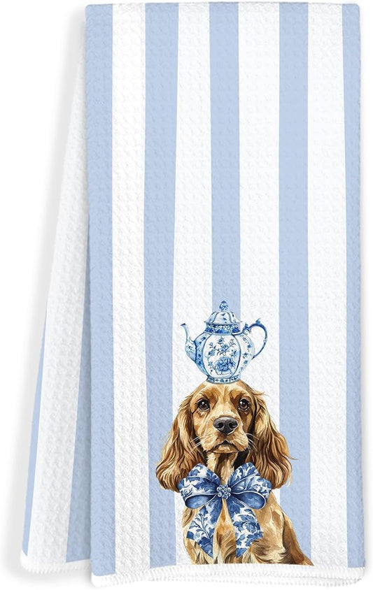 Blue and White Chinoiserie Cocker Spaniel Kitchen Towels, Cocker Spaniel Gifts Dish Tea Towels, Coquette Bow Cute Dog Striped Decorative Hand Towel for Bathroom, 16x24 Inch