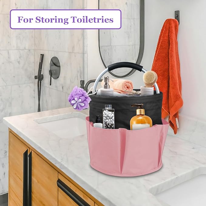 17L Cleaning Supply Caddy for Family, Portable Shower Caddy with Handle and 6 Pockets, Foldable Tool Bucket Organizer, Large Storage Basket for Camping, Gardening, Black with Pink