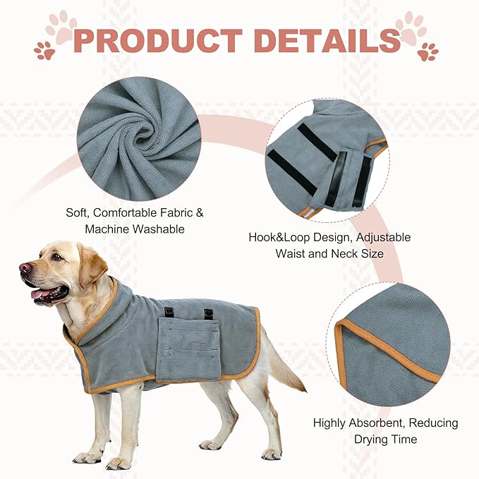 Dog Drying Coat, Dog Robes for After Bath Bathrobe Super Absorbent Towel Soft Adjustable, (L, Gray&Orange Trim), Intended for Fast Drying Warm Keeping Pet Cats Kitten Puppies