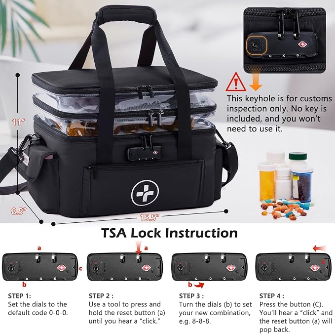 BAGSFY 3-Tier Medicine Organizer with Combination Lock – Large Medicine Bag, Empty First Aid Kit Case, Pill Bottle Medical Supply Organizer, Travel Prescription Bag, Medication Storage Container