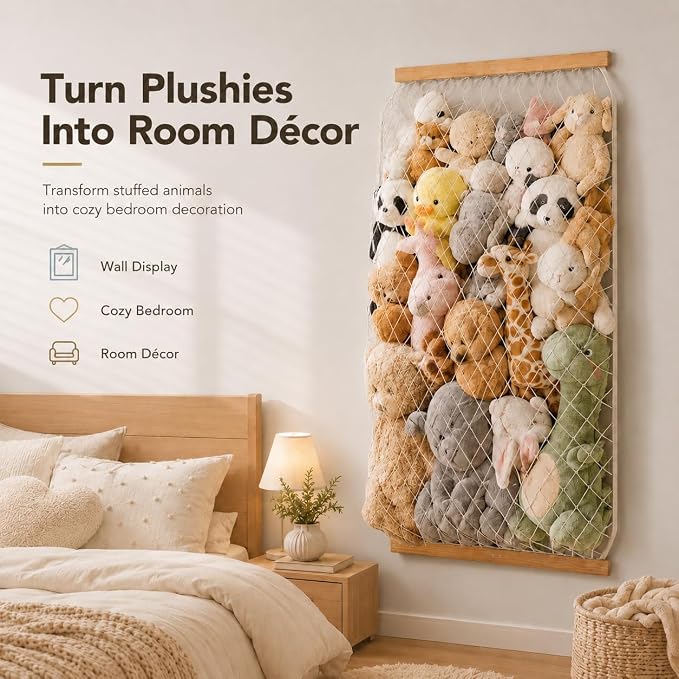 Stuffed Animal Storage Holder, Elastic Stuffed Animal Net,Door/Wall Mount Length Adjustable Hanging Stuffed Animal Organizer, Plushie Net for Nursery Play Room-Origin Boards Patent