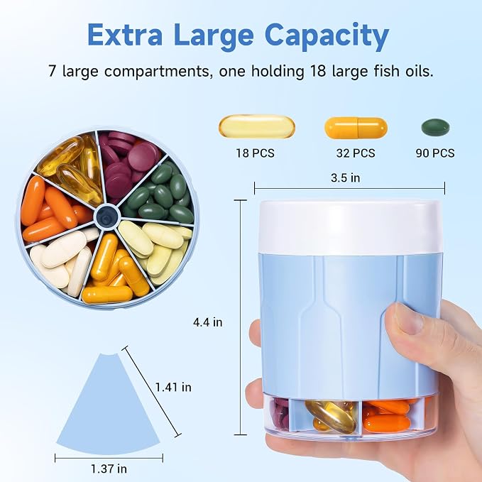 Daviky Pill Bottle Organizer, 7 Large Compartments, Travel Pill Dispenser | Seven large compartments organize daily pills, vitamins and supplements, with dual lids for convenient storage and travel