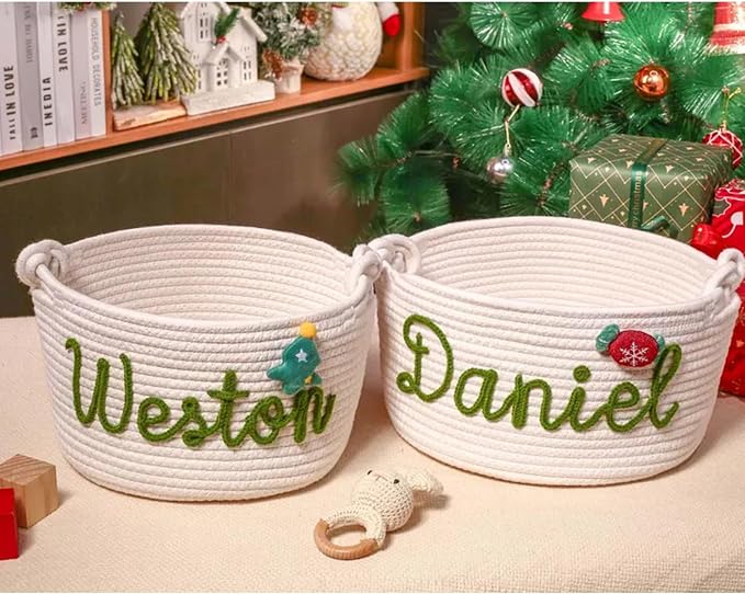 Personalized Cute Small Woven Basket with Handles, Custom Cotton Rope Room Shelf Storage Basket, Empty Decorative Gift Basket, Decorative Round Bin for Nursery Bedroom Bathroom (Style F)