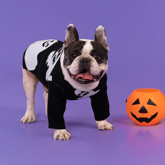 Fitwarm Halloween Ghost Dog Sweater, Funny Costumes for Dogs, Pet Apparel, Black, White, Large